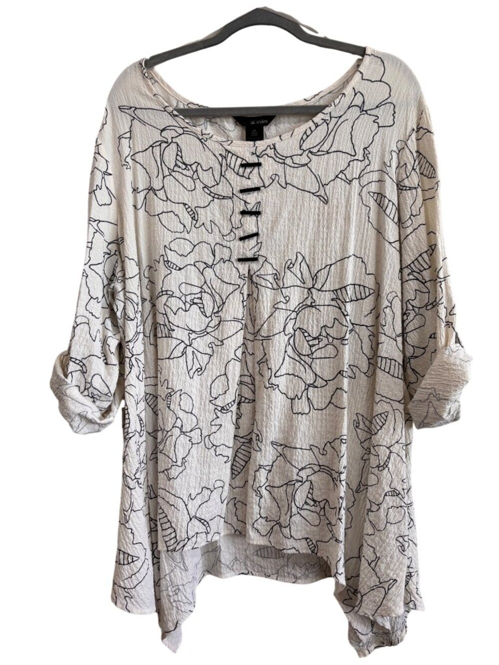 Ali Miles Womens 2X Asymmetrical Tunic Black Floral Print & Decorative Buttons